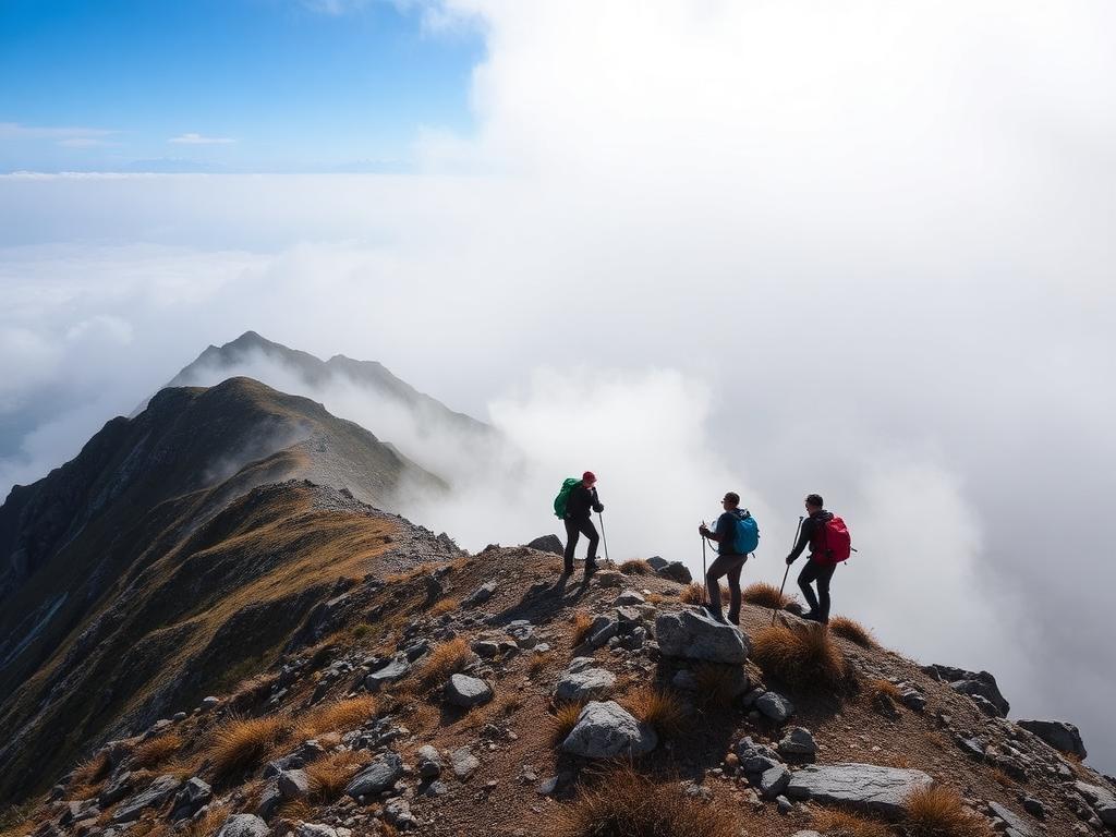Hikers on a mountain ridge