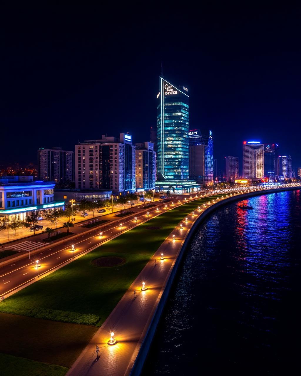 Baku boulevard illuminated at night